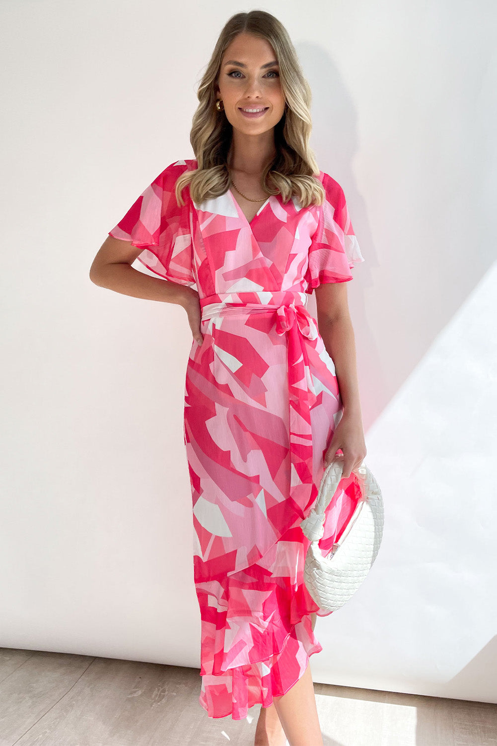 Rose Abstract Print Asymmetric Ruffle Hem Belted Dress