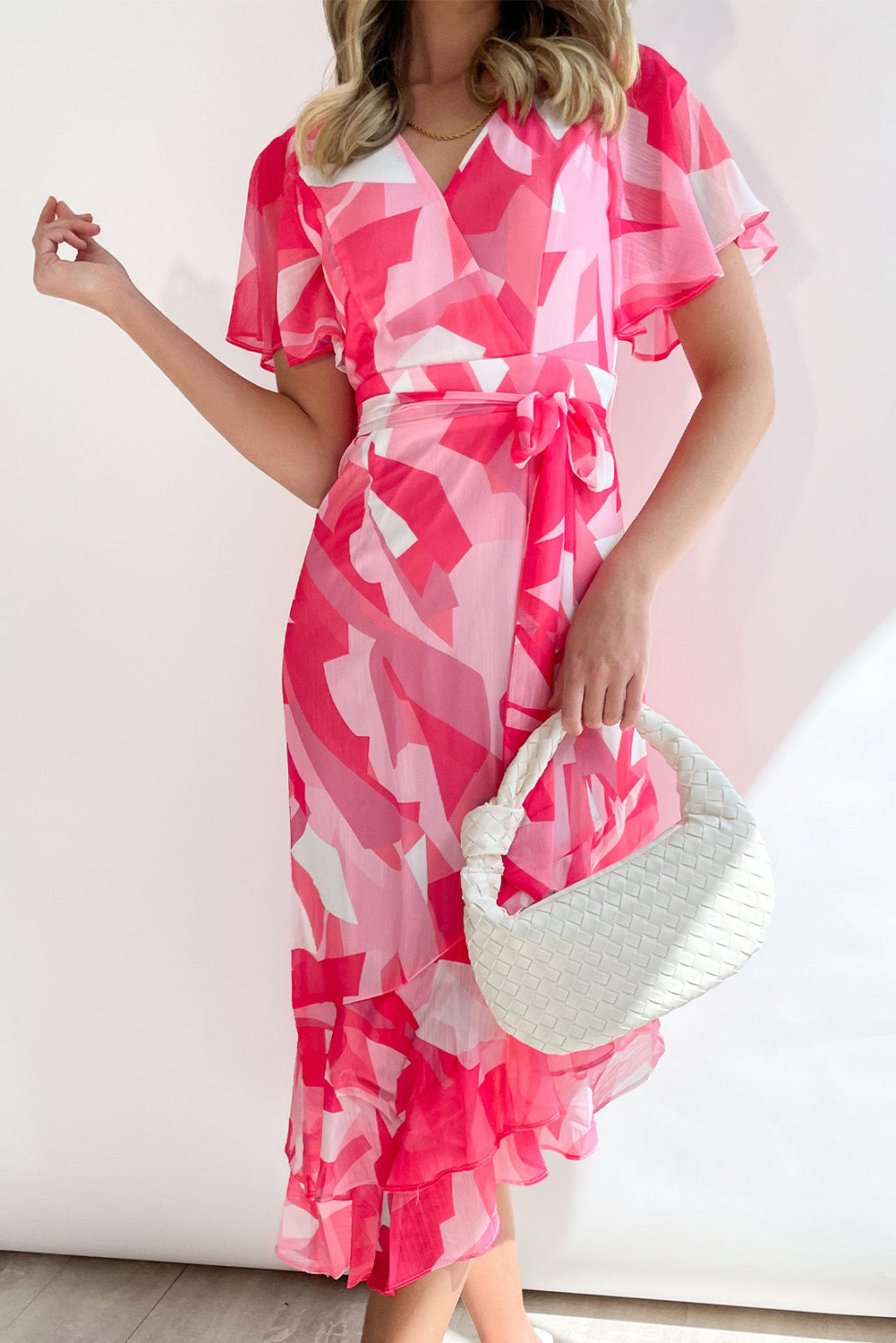 Rose Abstract Print Asymmetric Ruffle Hem Belted Dress