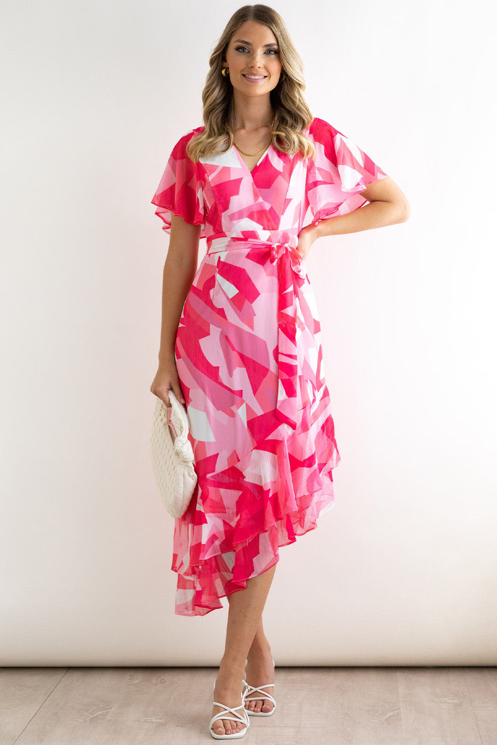 Rose Abstract Print Asymmetric Ruffle Hem Belted Dress