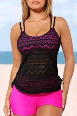 Rose Color Block Lace Drawstring Tie Tankini Set