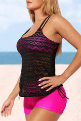 Rose Color Block Lace Drawstring Tie Tankini Set