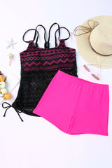 Rose Color Block Lace Drawstring Tie Tankini Set