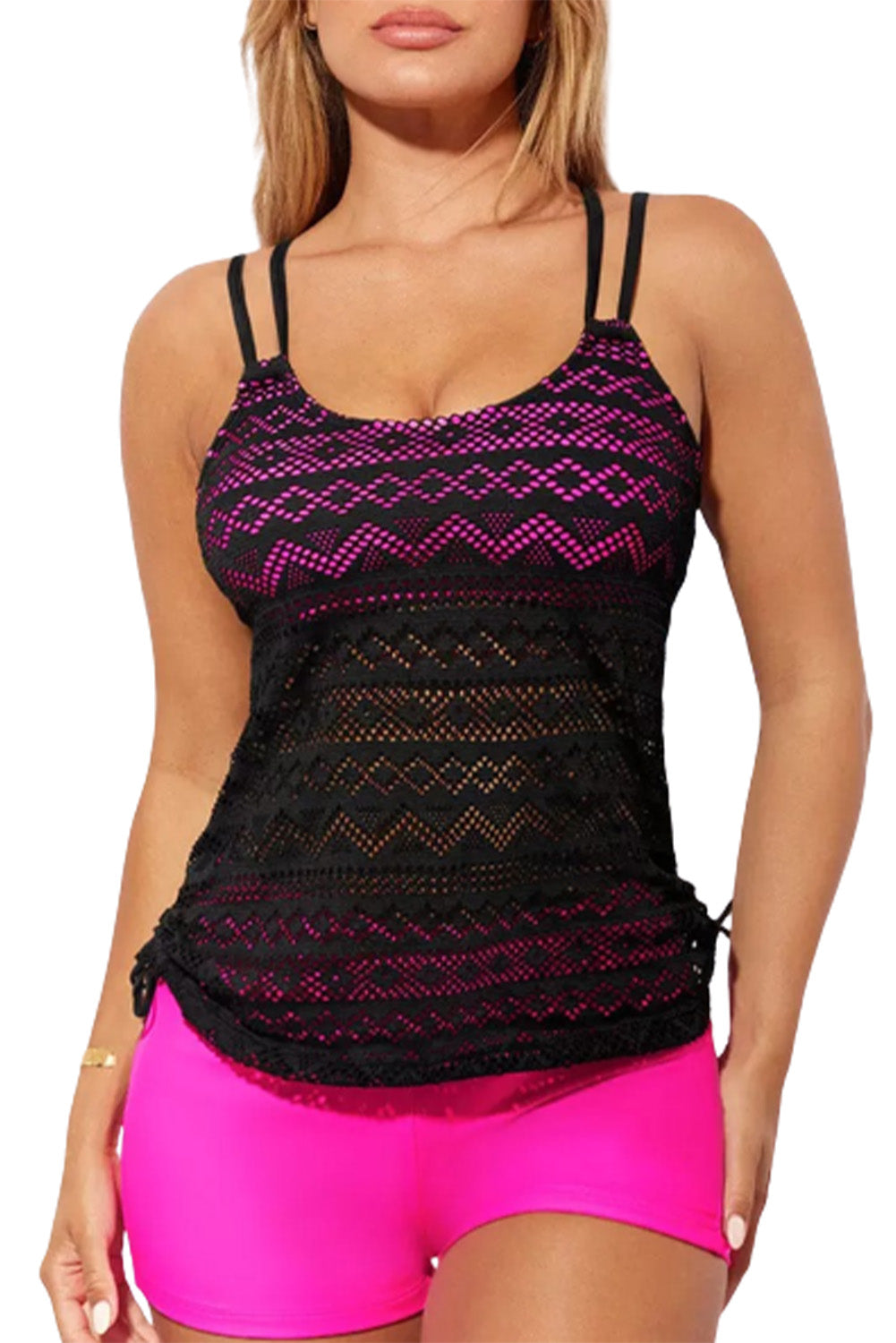 Rose Color Block Lace Drawstring Tie Tankini Set