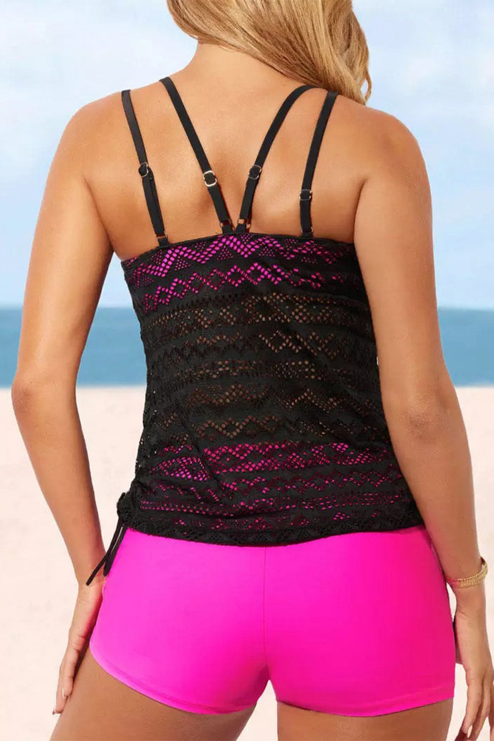 Rose Color Block Lace Drawstring Tie Tankini Set