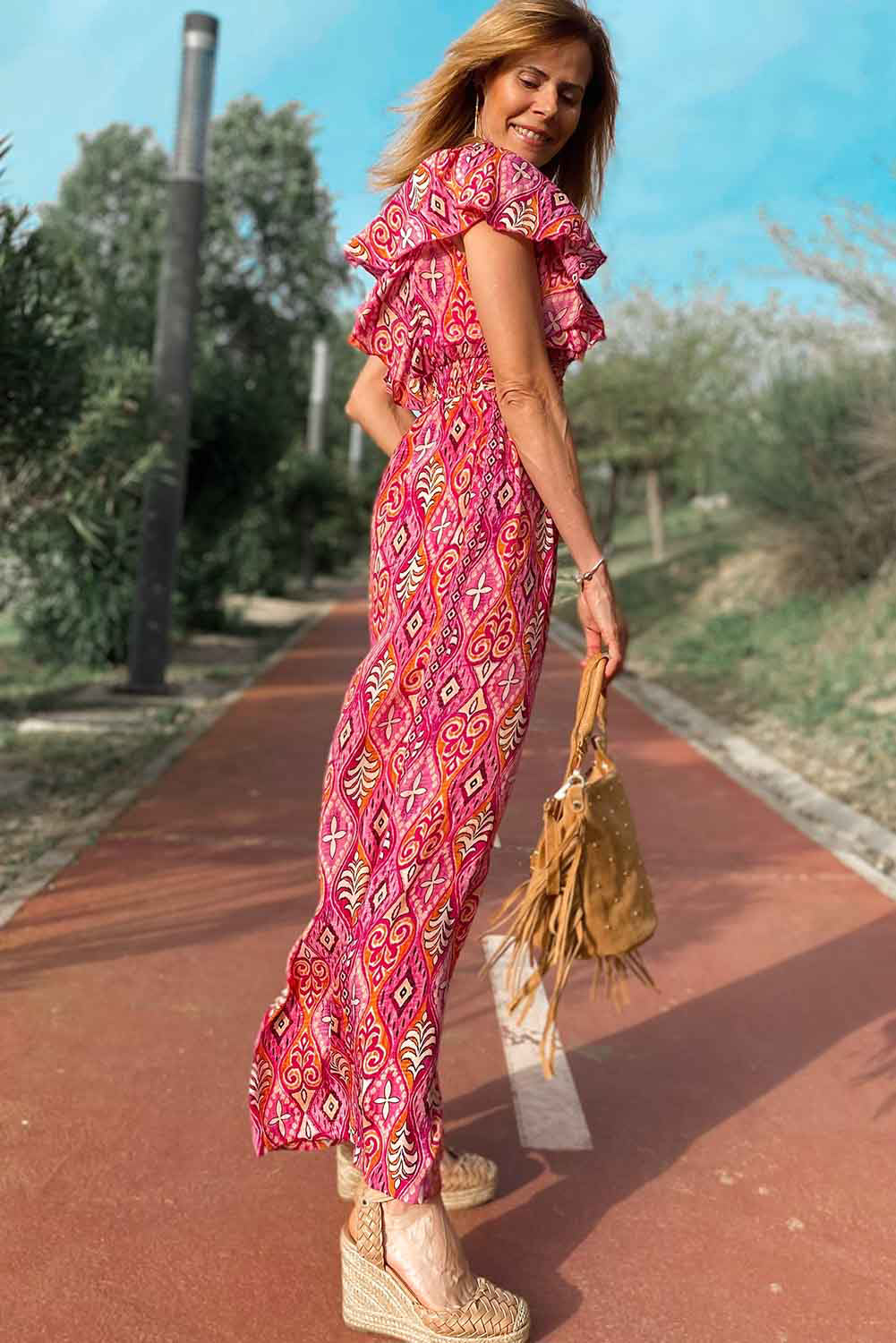 Rose Printed V Neck Button Open Back Wide Leg Jumpsuit