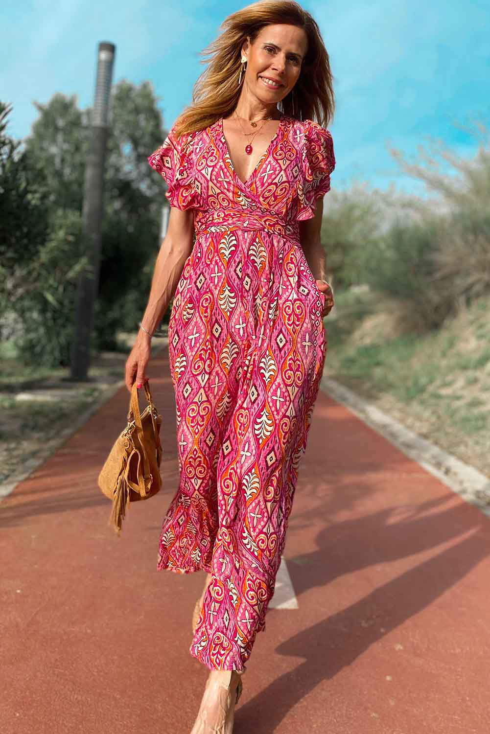 Rose Printed V Neck Button Open Back Wide Leg Jumpsuit