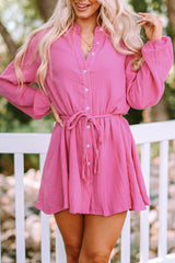 Rose Textured Buttons Long Sleeves Shirt Short Dress With Rope Tie