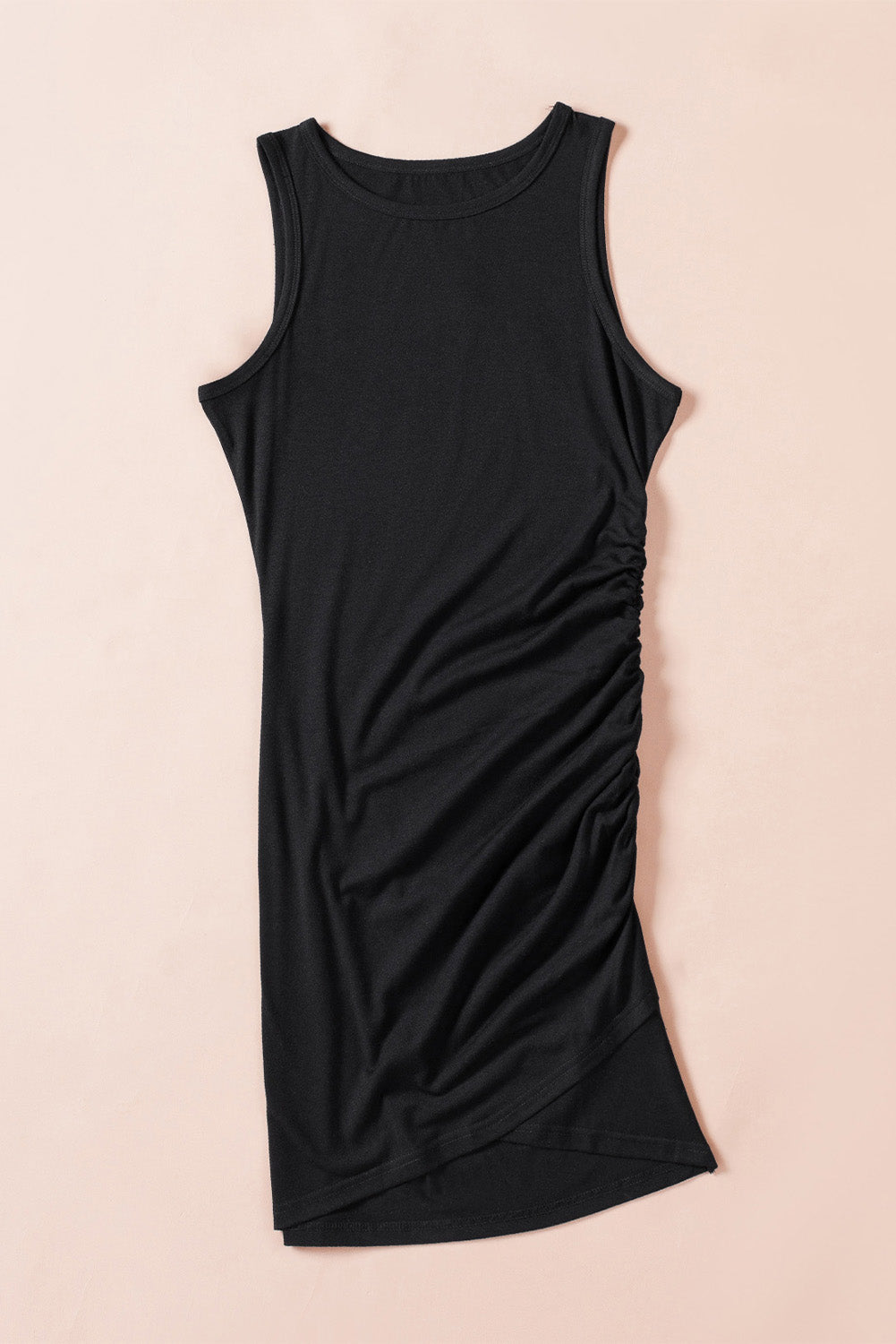 Ruched Arch Hem Round Neck Sleeveless Mini Dress