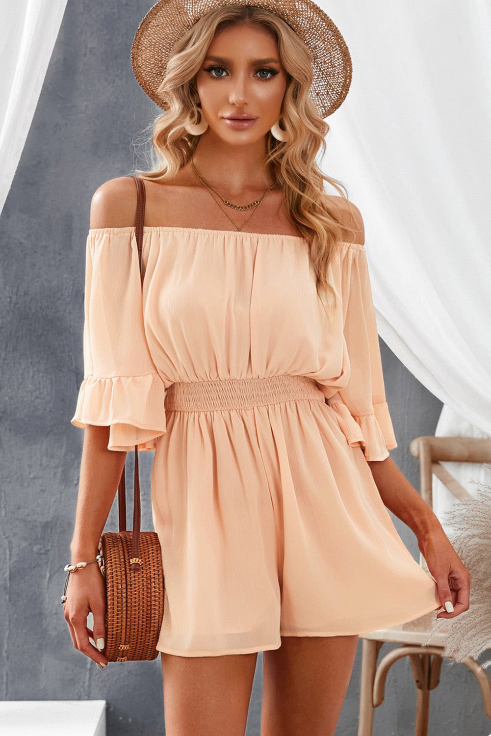 Ruffled Ruched High Waist Off Shoulder Romper