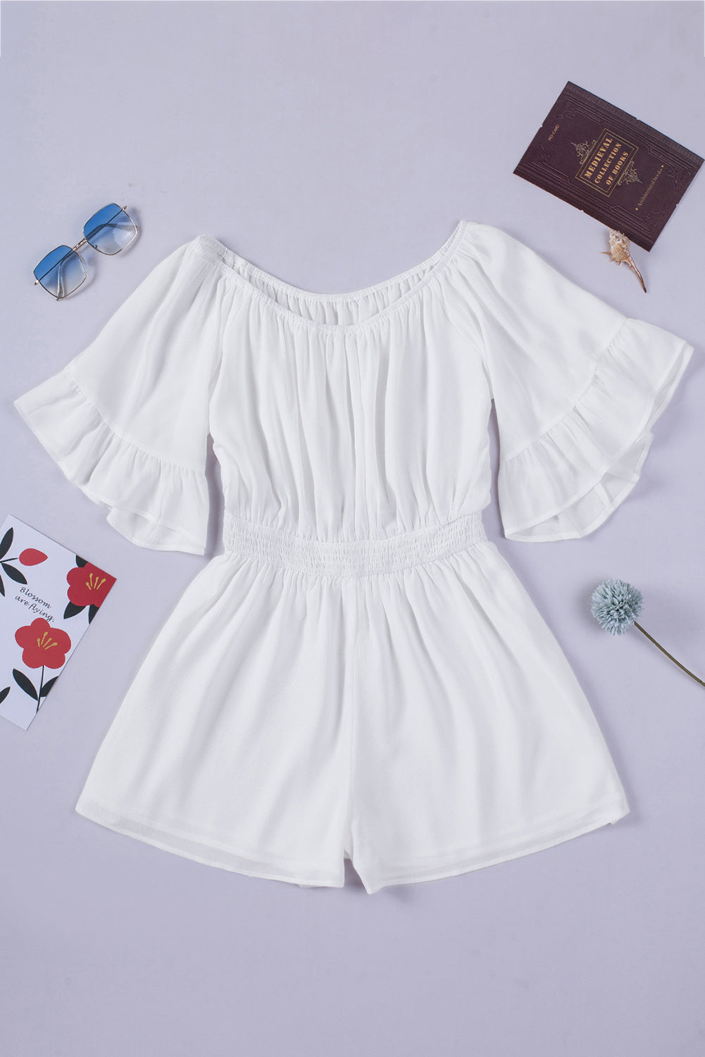 Ruffled Ruched High Waist Off Shoulder Romper