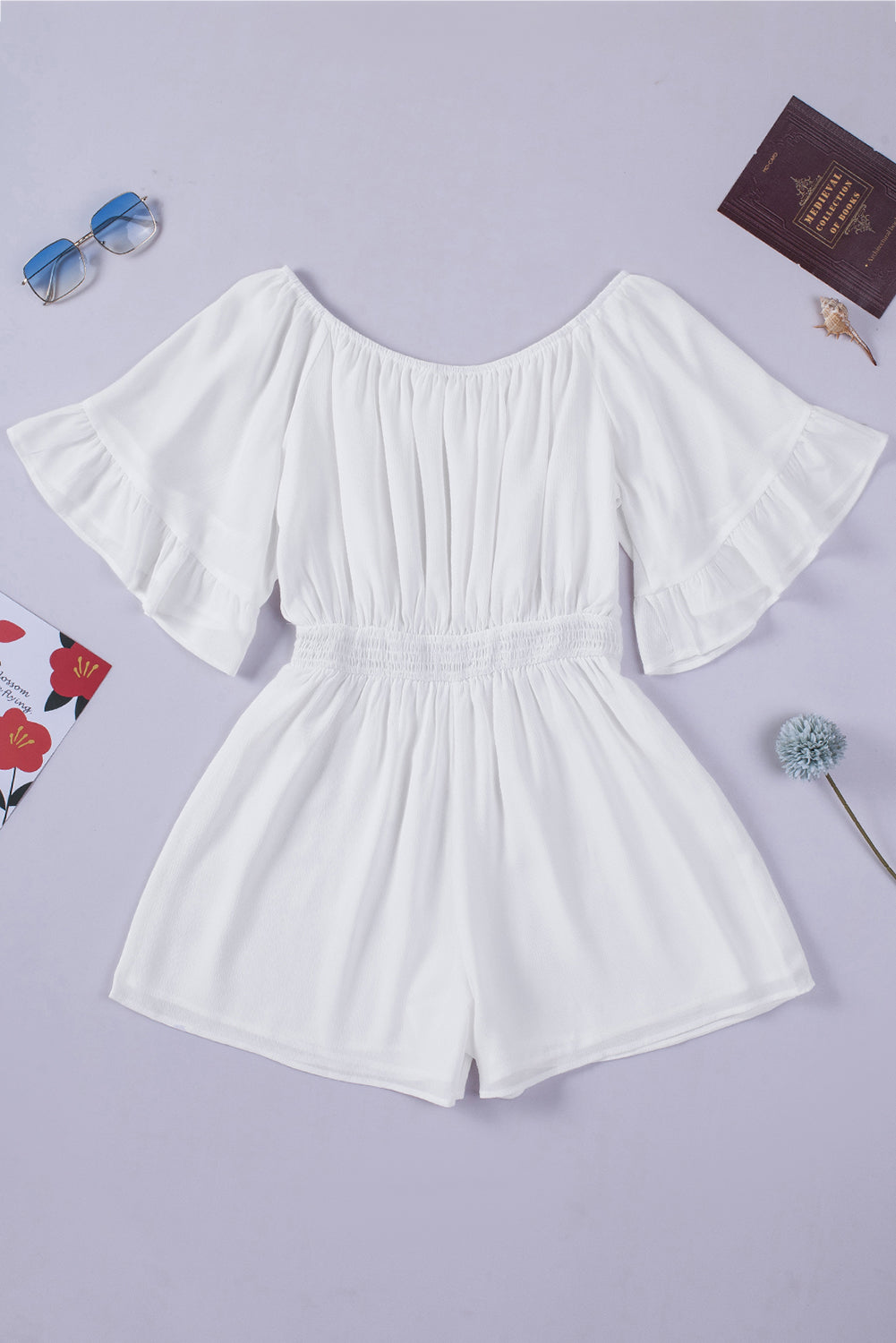 Ruffled Ruched High Waist Off Shoulder Romper