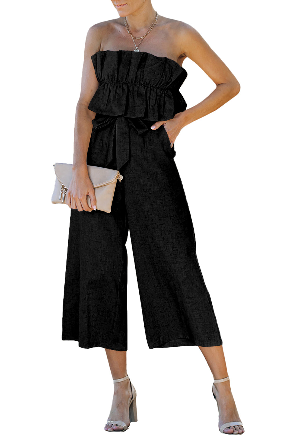 Ruffled Strapless Wide Leg Jumpsuit