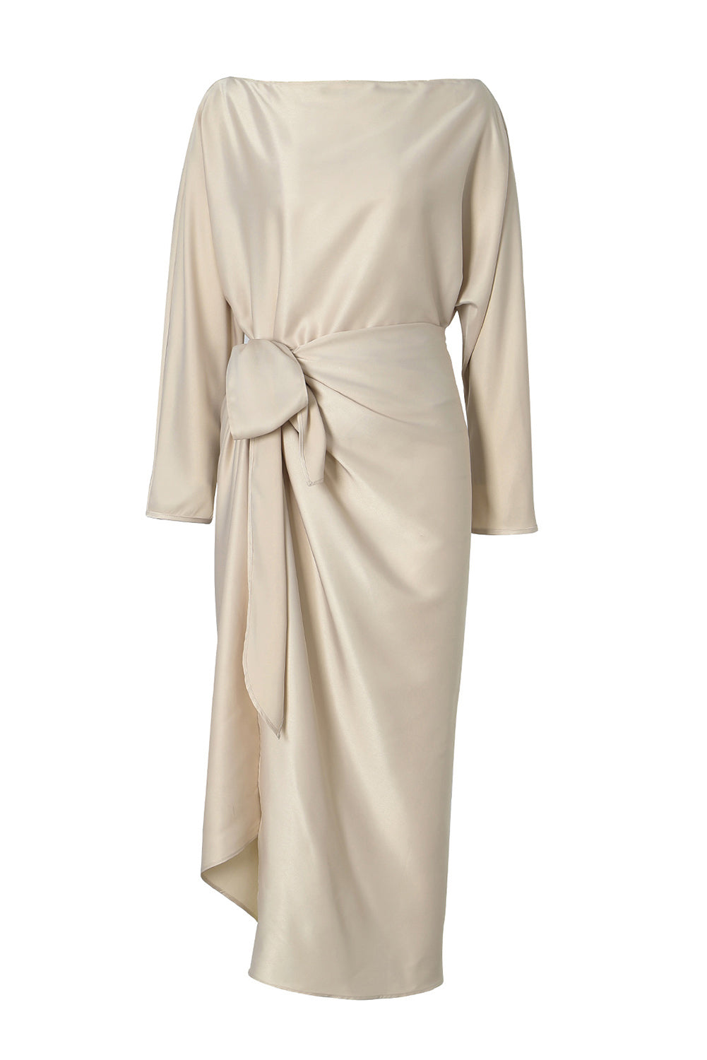 Satin Wrap Tie Side Boat Neck Long Sleeve Dress