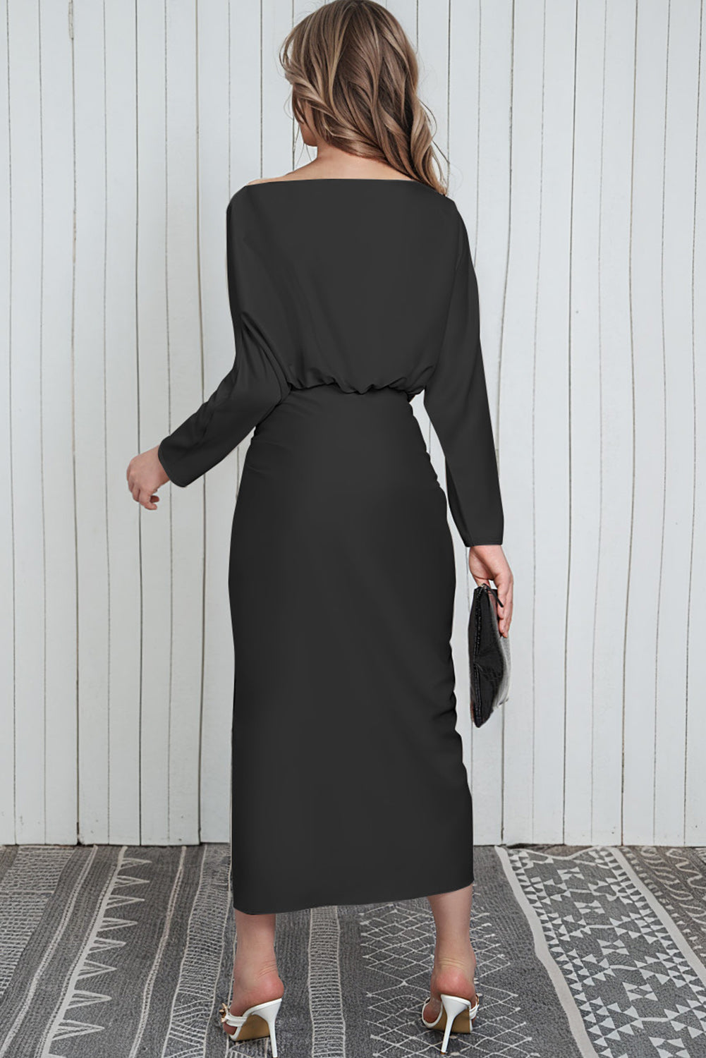 Satin Wrap Tie Side Boat Neck Long Sleeve Dress