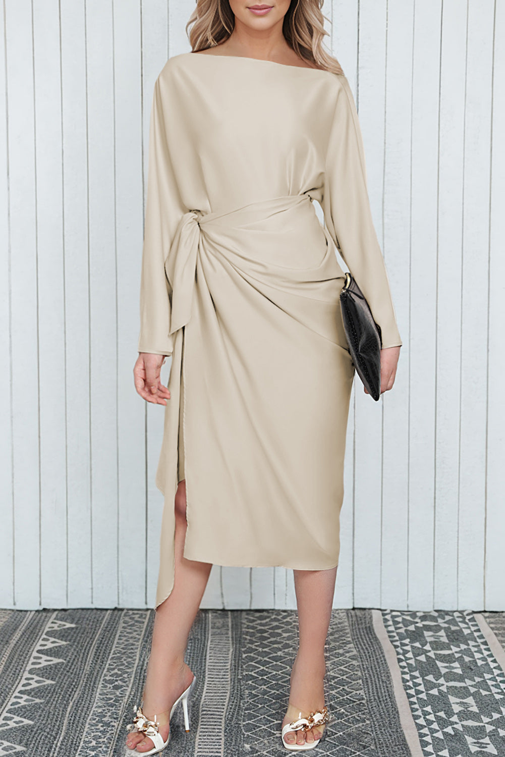 Satin Wrap Tie Side Boat Neck Long Sleeve Dress