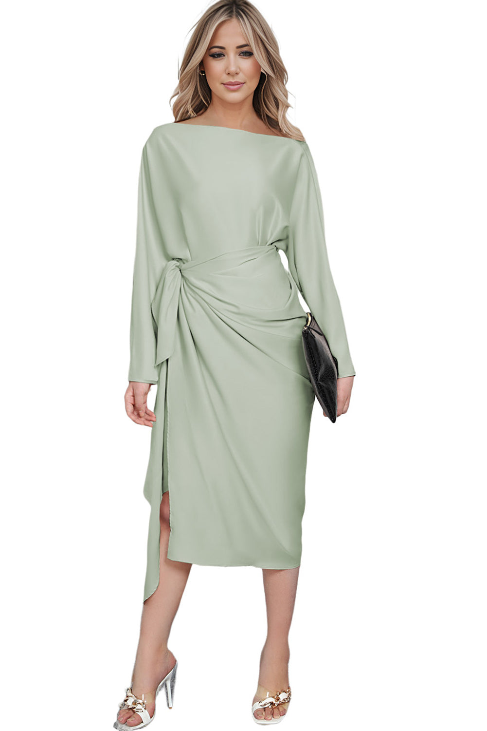 Satin Wrap Tie Side Boat Neck Long Sleeve Dress