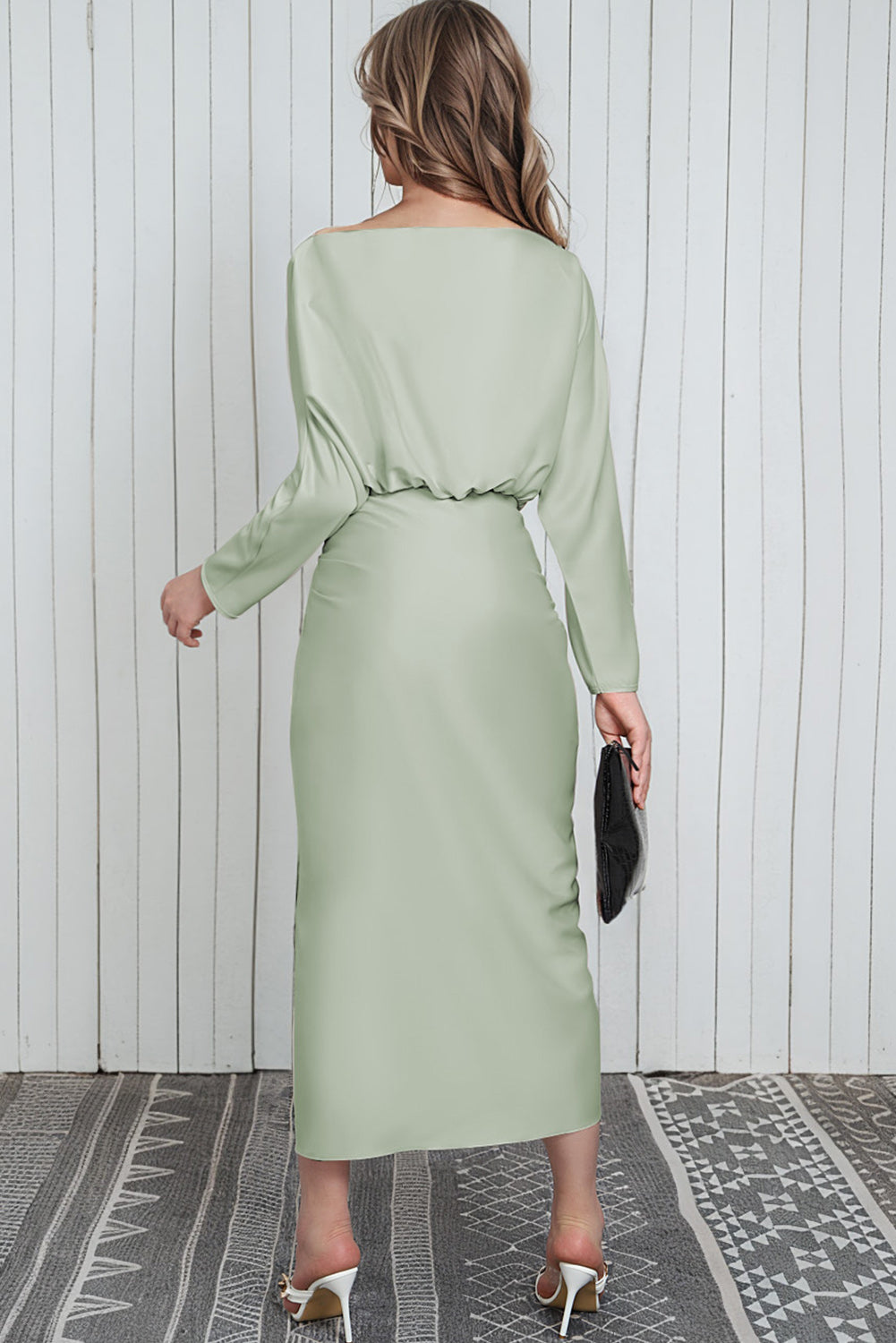 Satin Wrap Tie Side Boat Neck Long Sleeve Dress