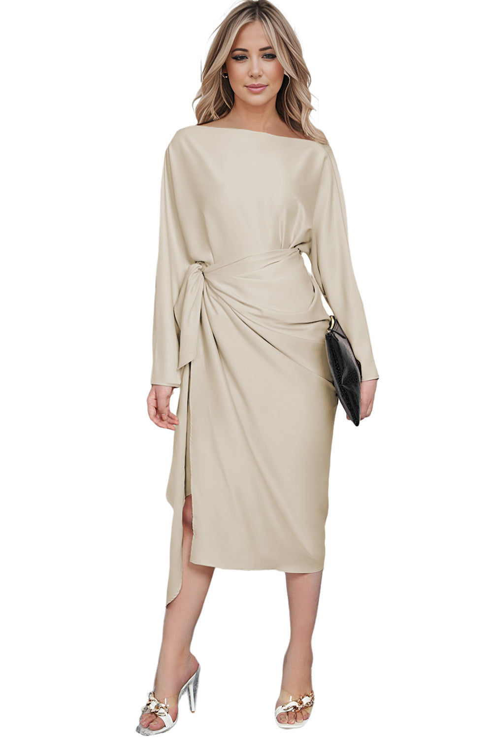 Satin Wrap Tie Side Boat Neck Long Sleeve Dress