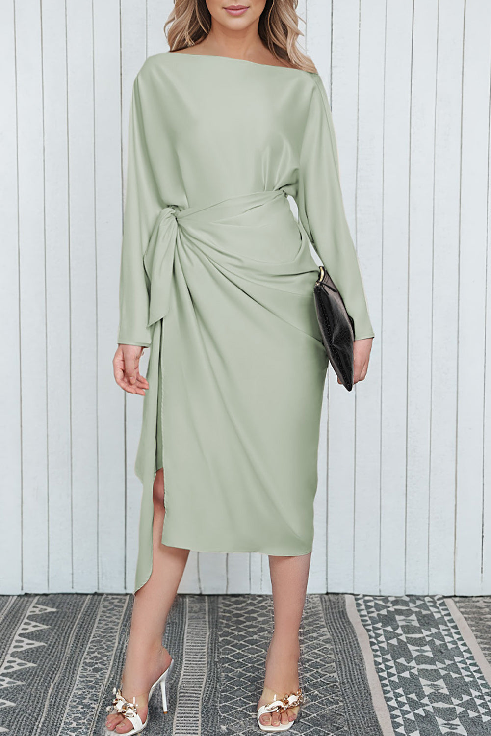 Satin Wrap Tie Side Boat Neck Long Sleeve Dress