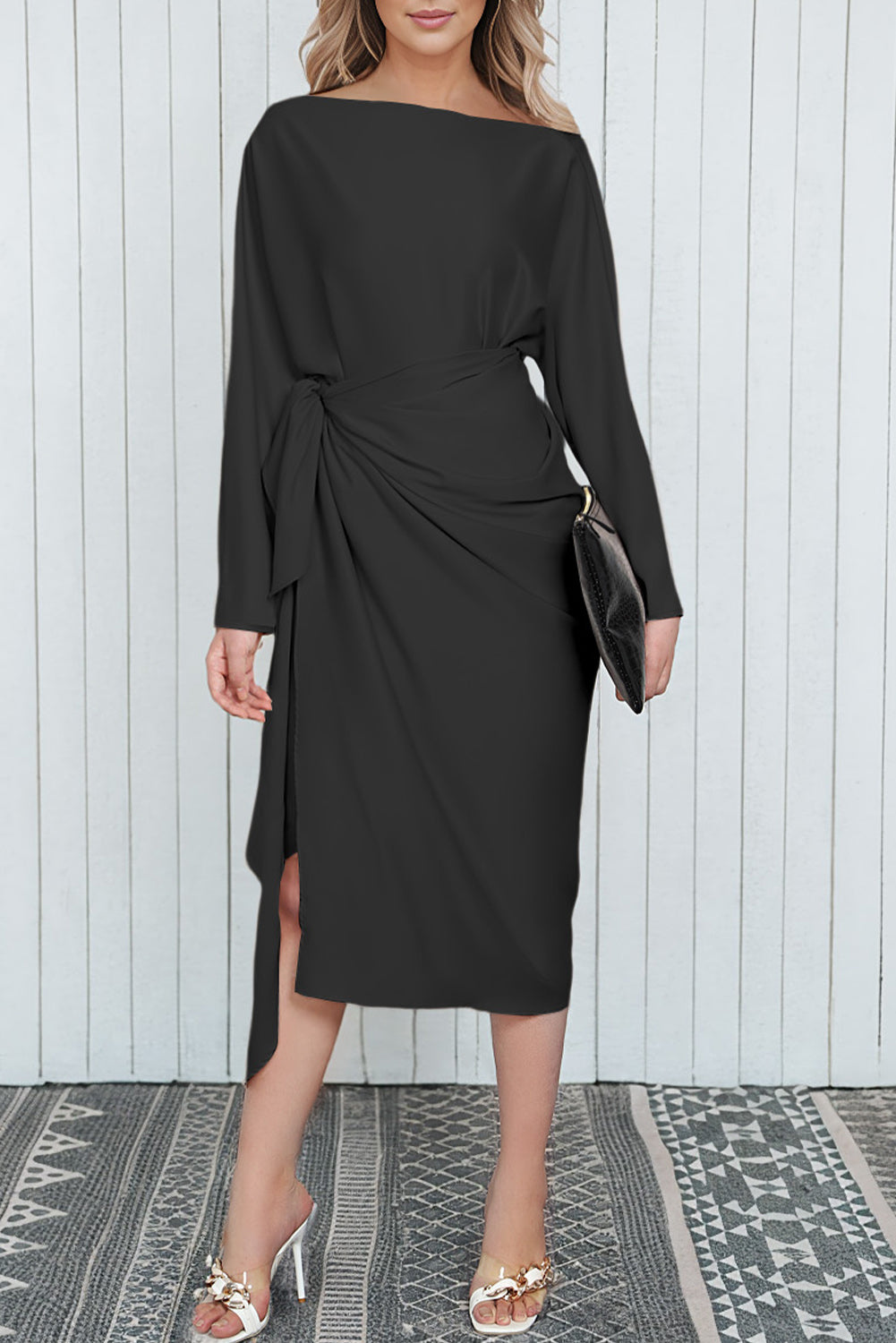 Satin Wrap Tie Side Boat Neck Long Sleeve Dress