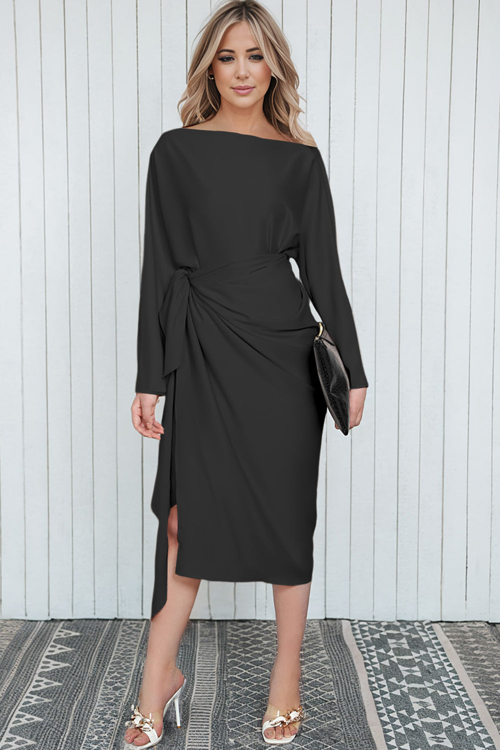 Satin Wrap Tie Side Boat Neck Long Sleeve Dress