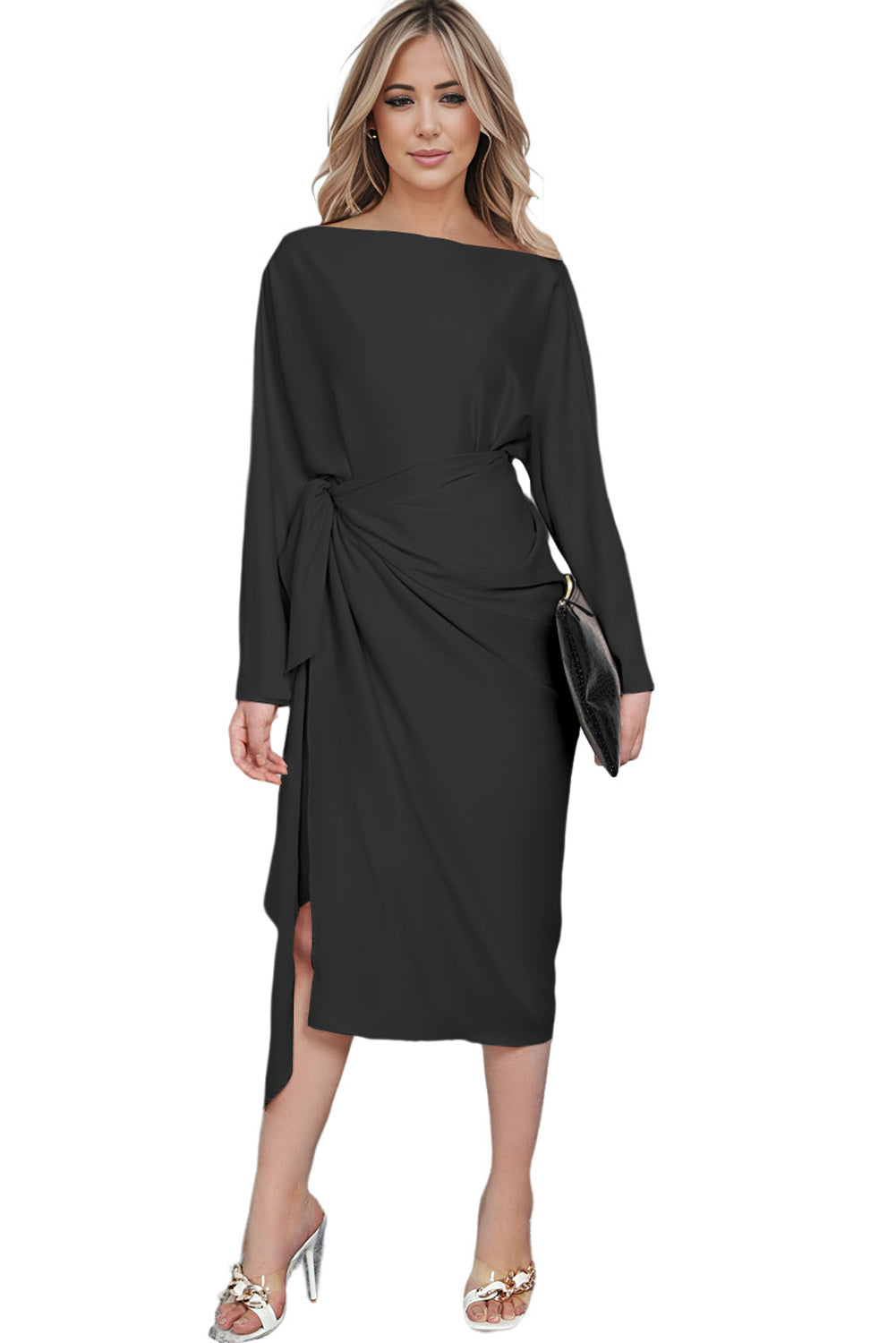 Satin Wrap Tie Side Boat Neck Long Sleeve Dress