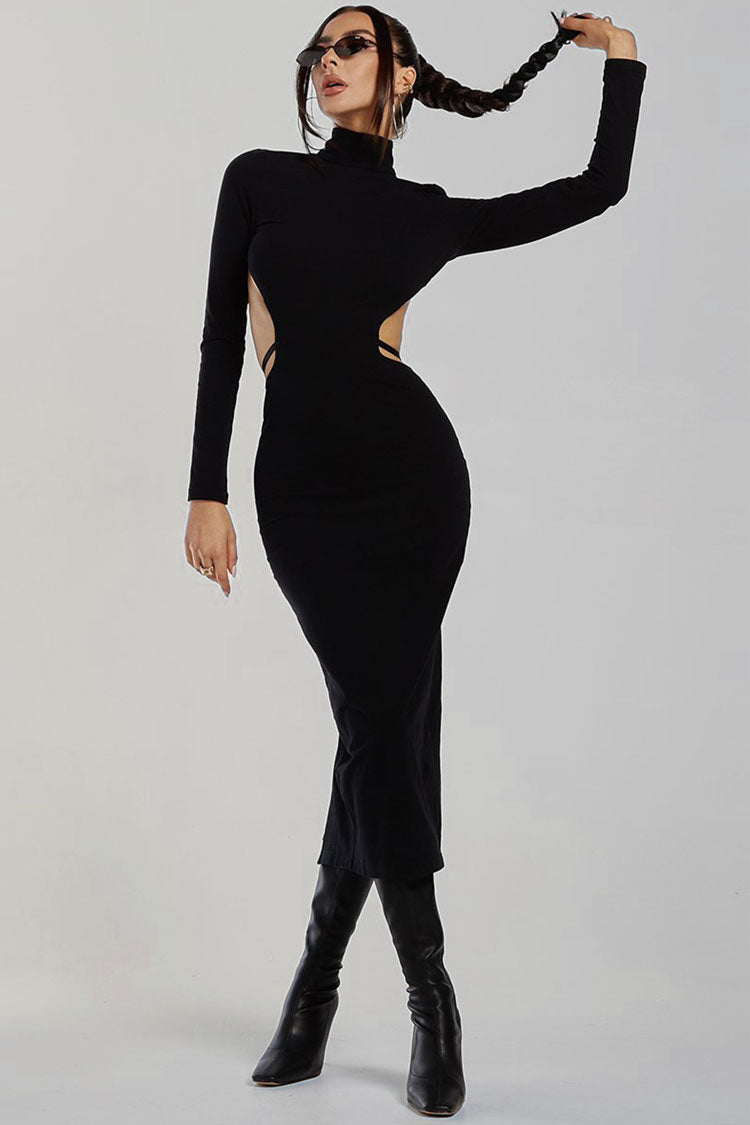 Sexy High Neck Long Sleeve High Slit Backless Midi Dress - Black