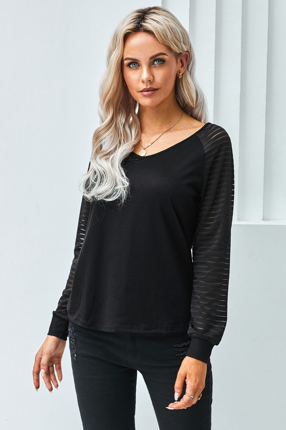 Sheer Stripe V-Neck Top