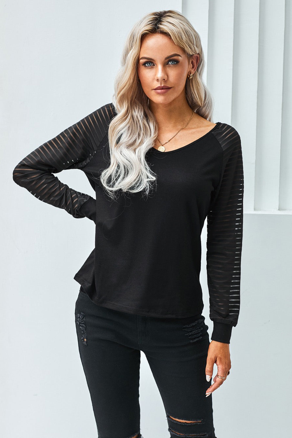 Sheer Stripe V-Neck Top