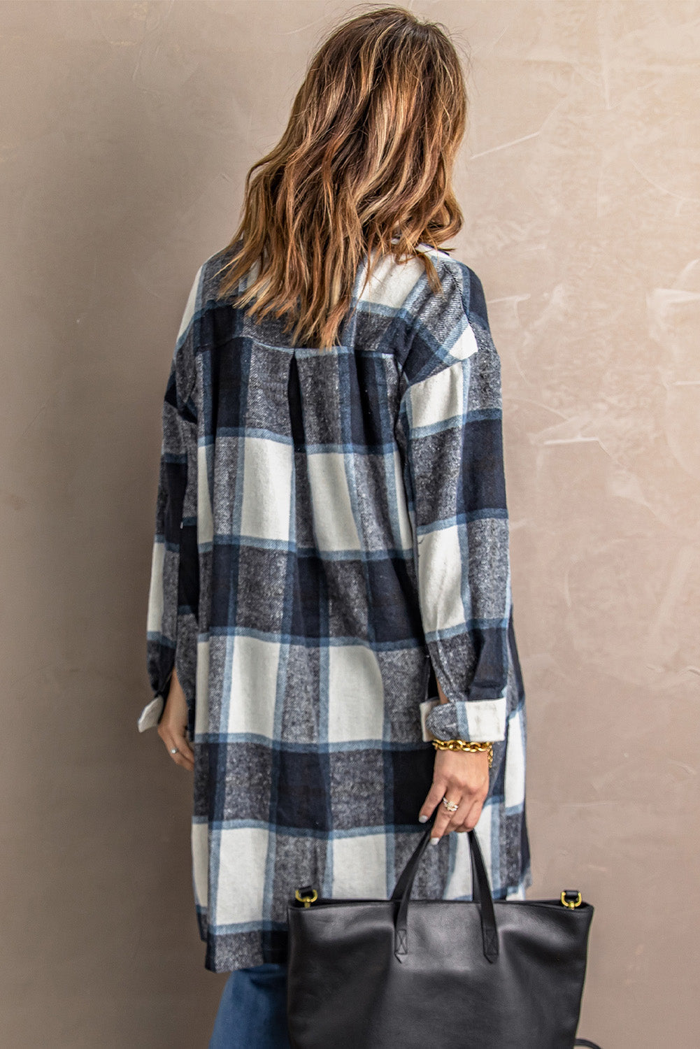 Shirt Collar Button Closure Plaid Coat