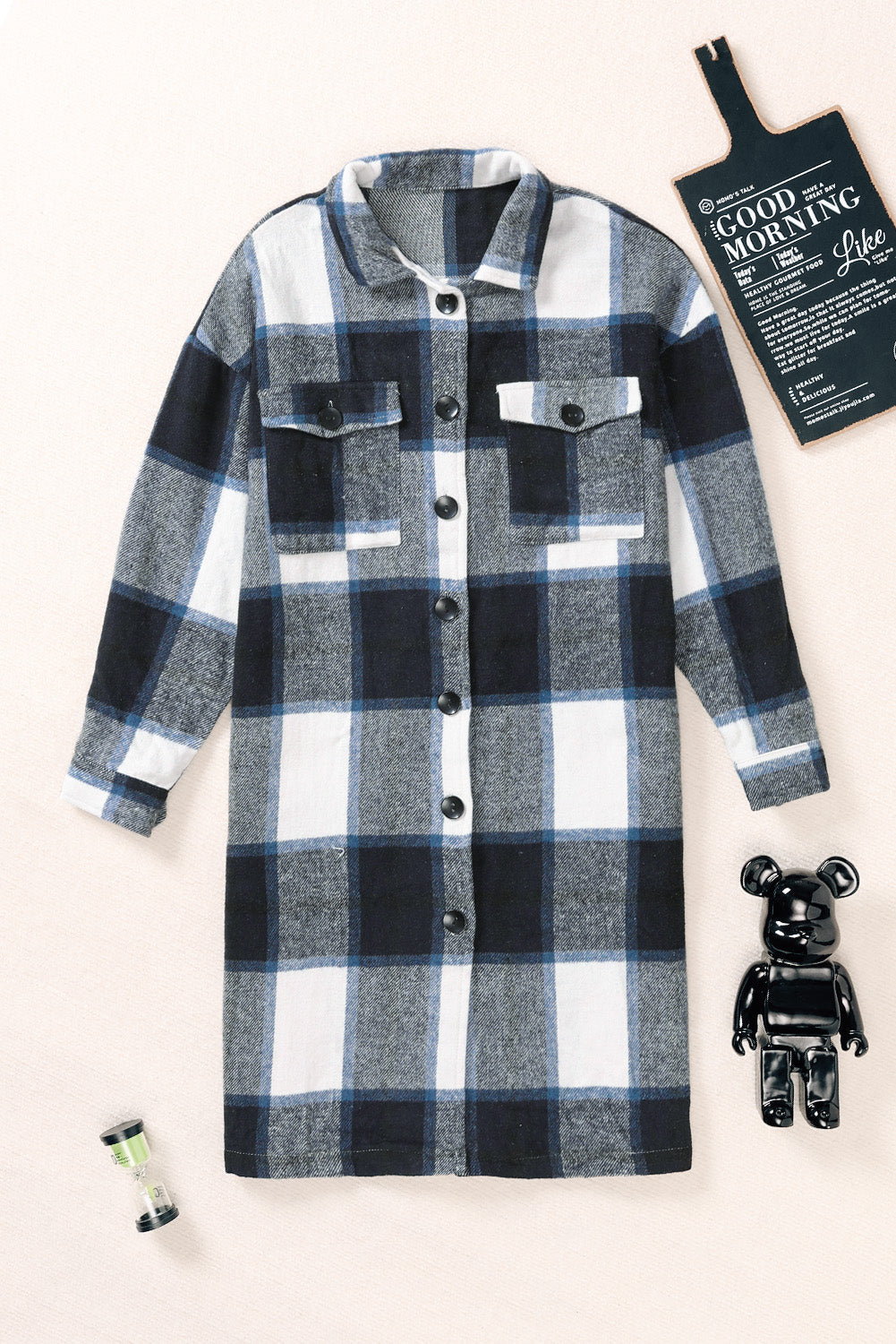 Shirt Collar Button Closure Plaid Coat