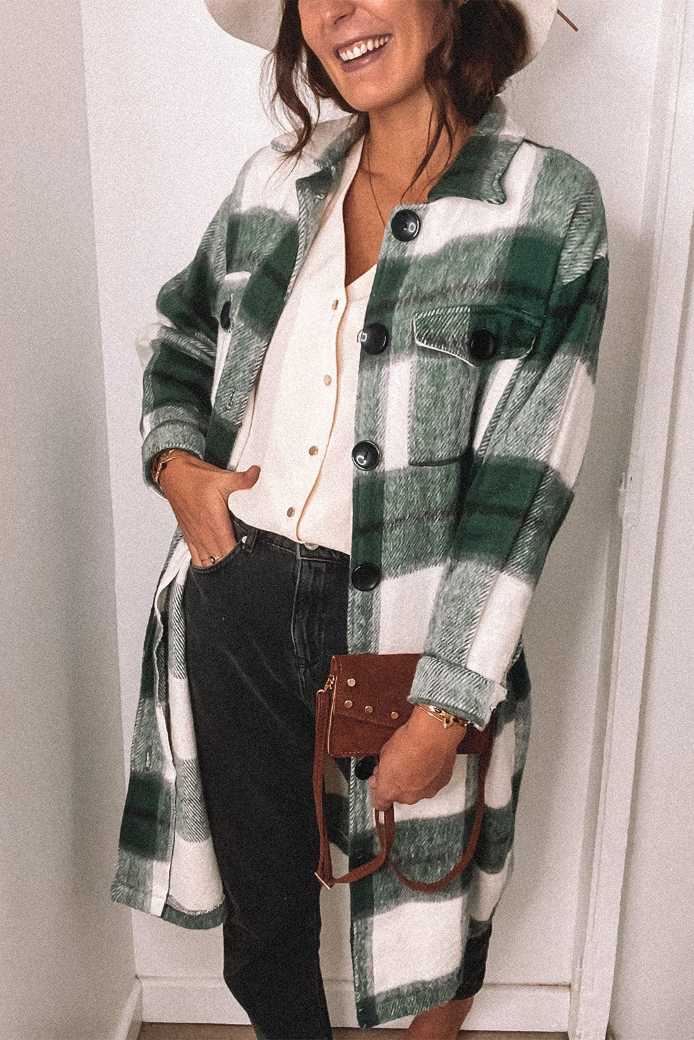 Shirt Collar Button Closure Plaid Coat