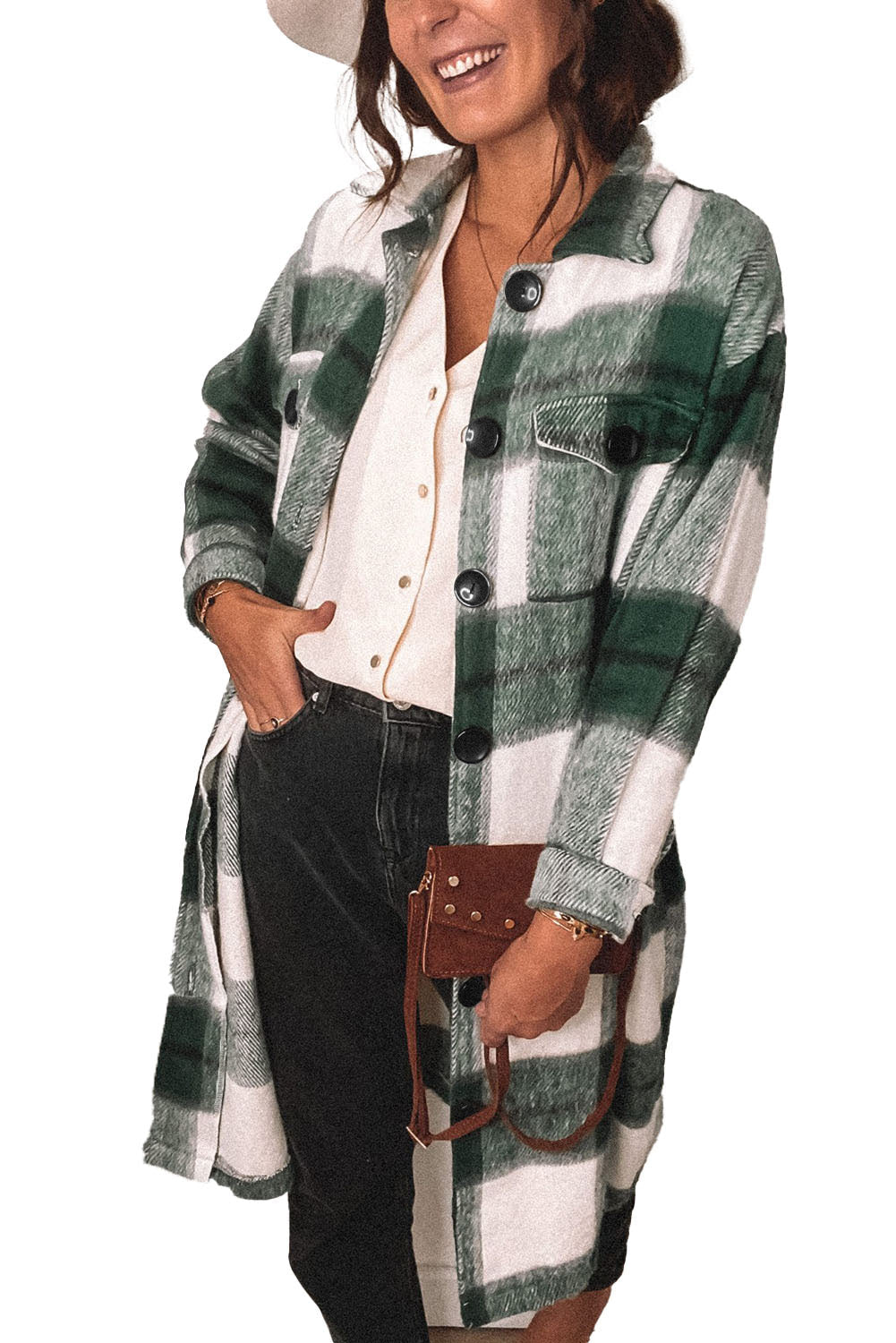 Shirt Collar Button Closure Plaid Coat