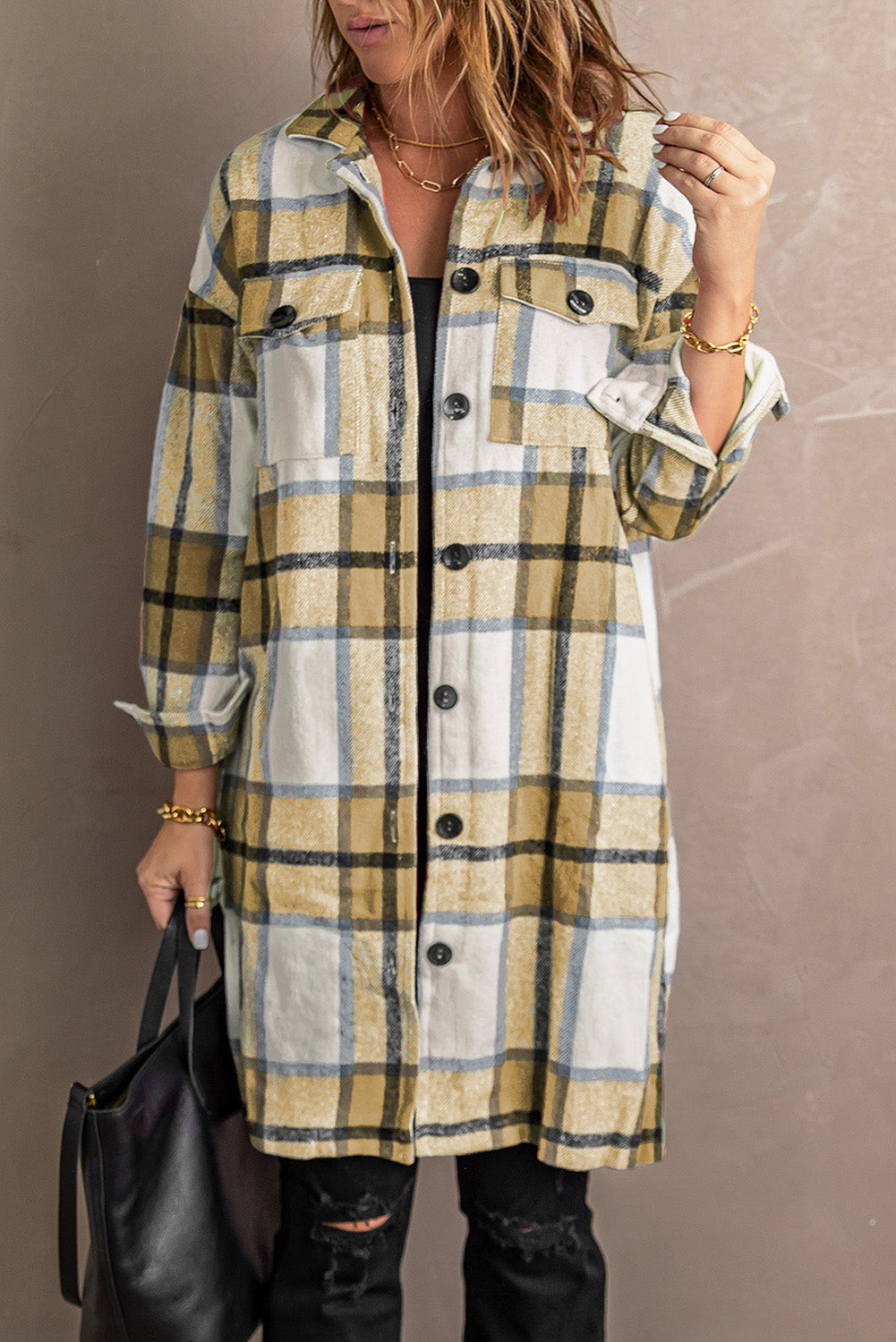 Shirt Collar Button Closure Plaid Coat