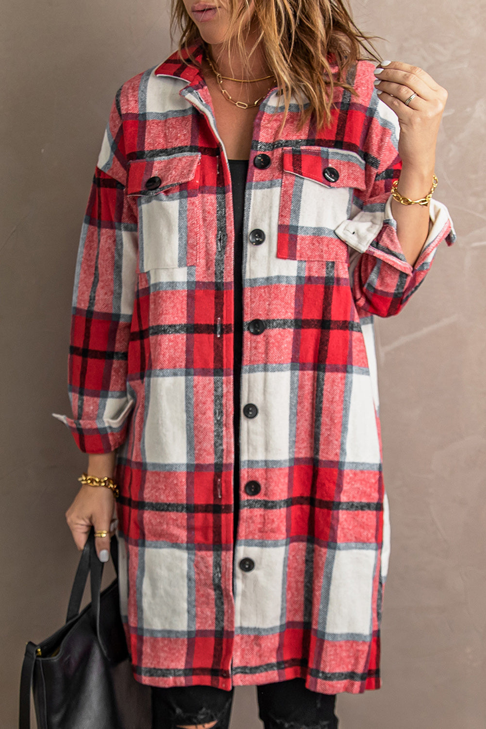 Shirt Collar Button Closure Plaid Coat