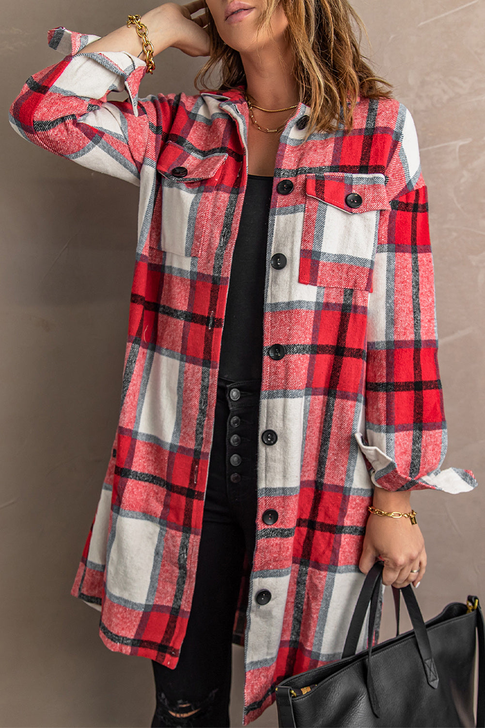 Shirt Collar Button Closure Plaid Coat