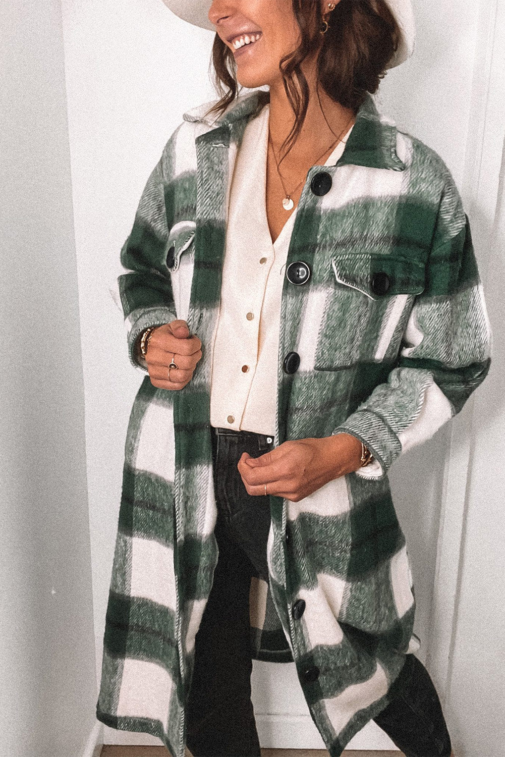 Shirt Collar Button Closure Plaid Coat