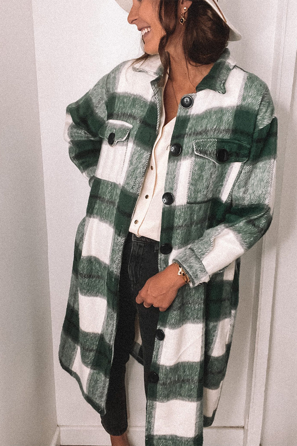 Shirt Collar Button Closure Plaid Coat