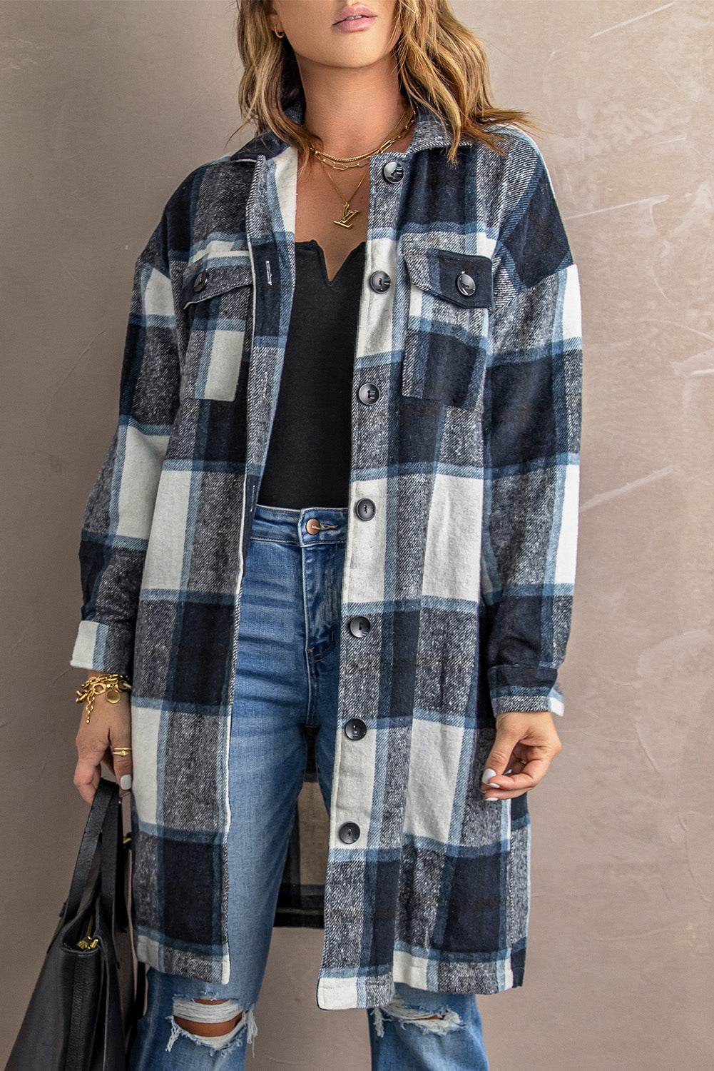 Shirt Collar Button Closure Plaid Coat