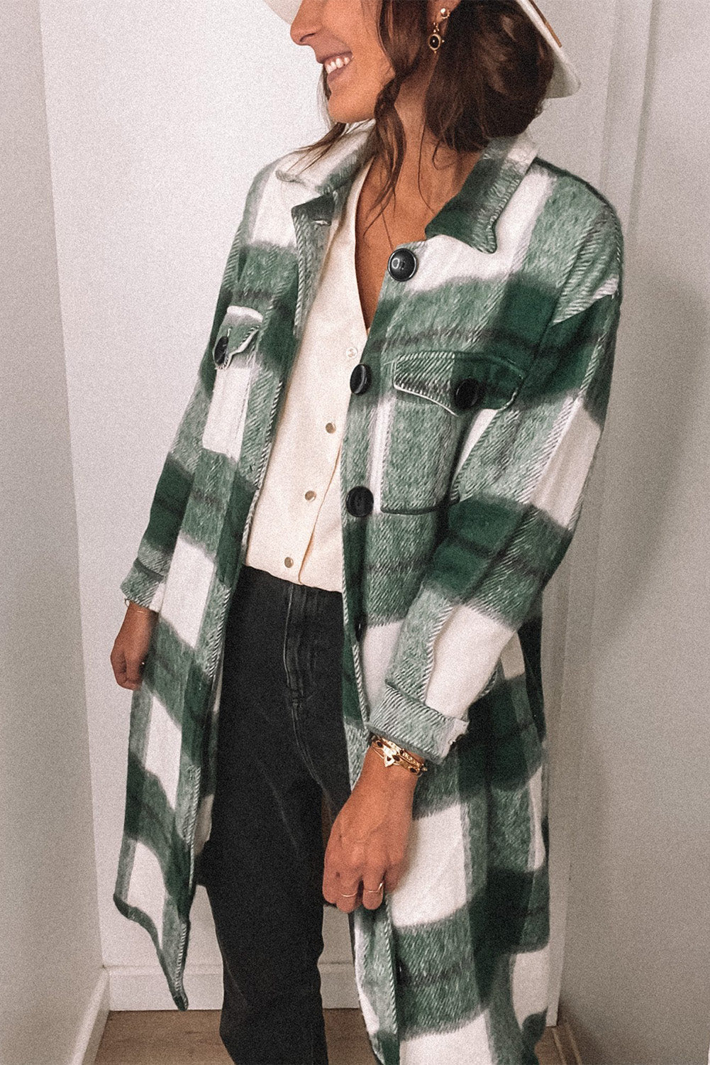 Shirt Collar Button Closure Plaid Coat