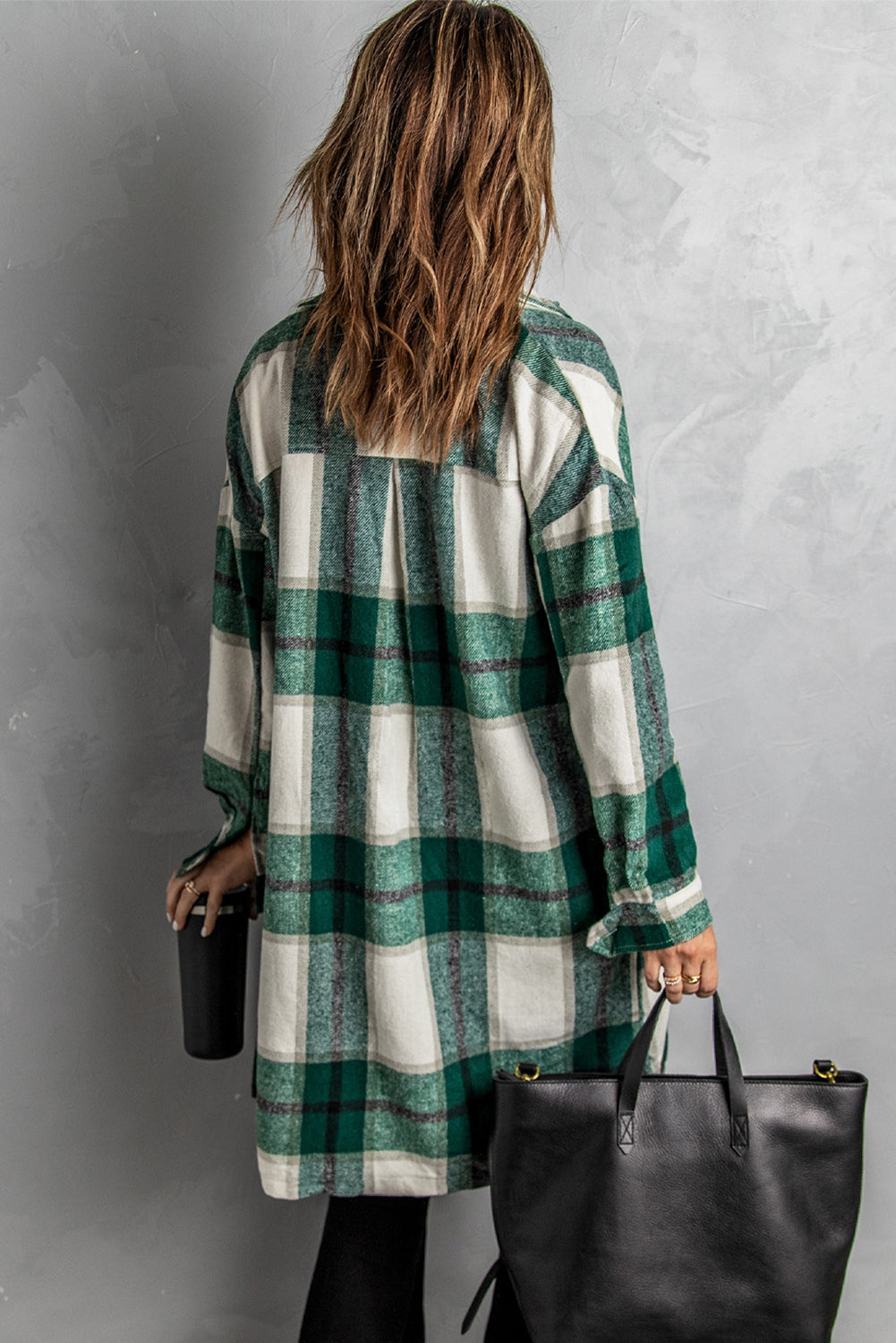 Shirt Collar Button Closure Plaid Coat