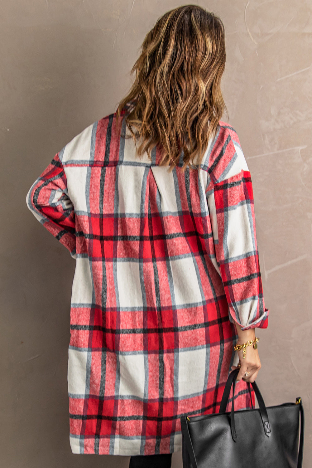 Shirt Collar Button Closure Plaid Coat