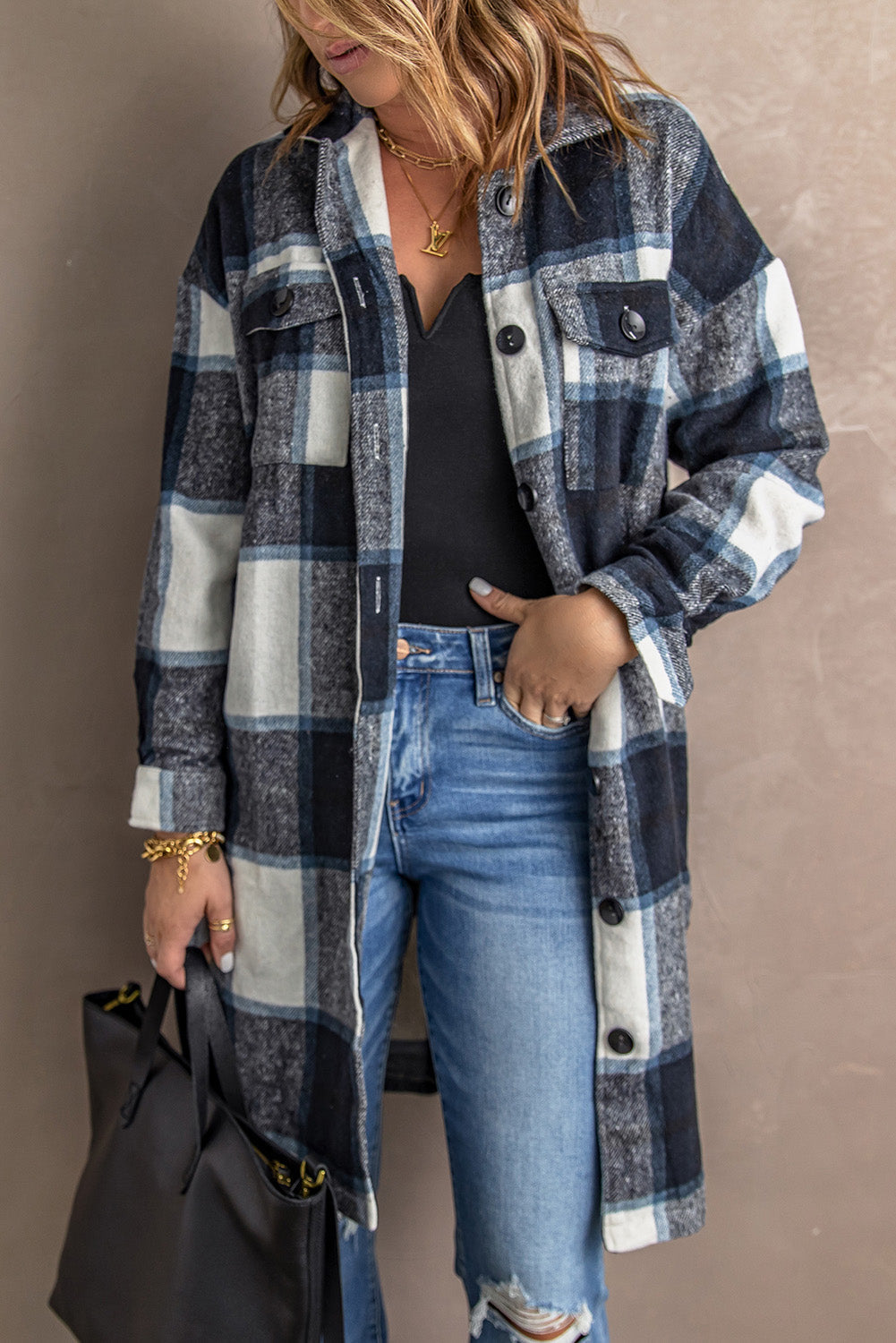 Shirt Collar Button Closure Plaid Coat