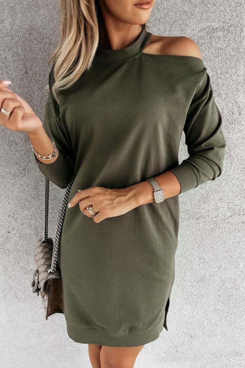 Single Cold Shoulder T-shirt Dress with Slits