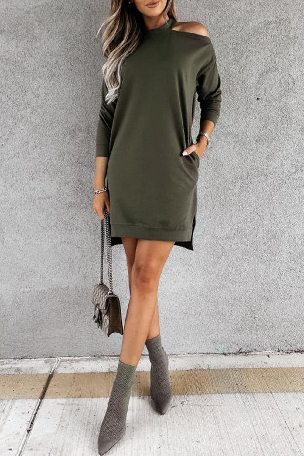 Single Cold Shoulder T-shirt Dress with Slits