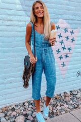 Sky Blue Button Drawstring High Waist Sleeveless Cropped Jumpsuit