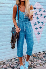 Sky Blue Button Drawstring High Waist Sleeveless Cropped Jumpsuit