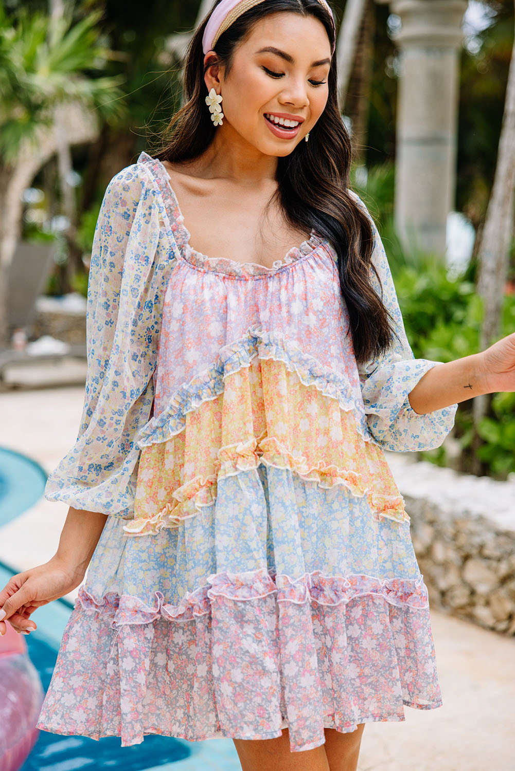 Sky Blue Floral Colorblock Tiered Puff Sleeve Dress