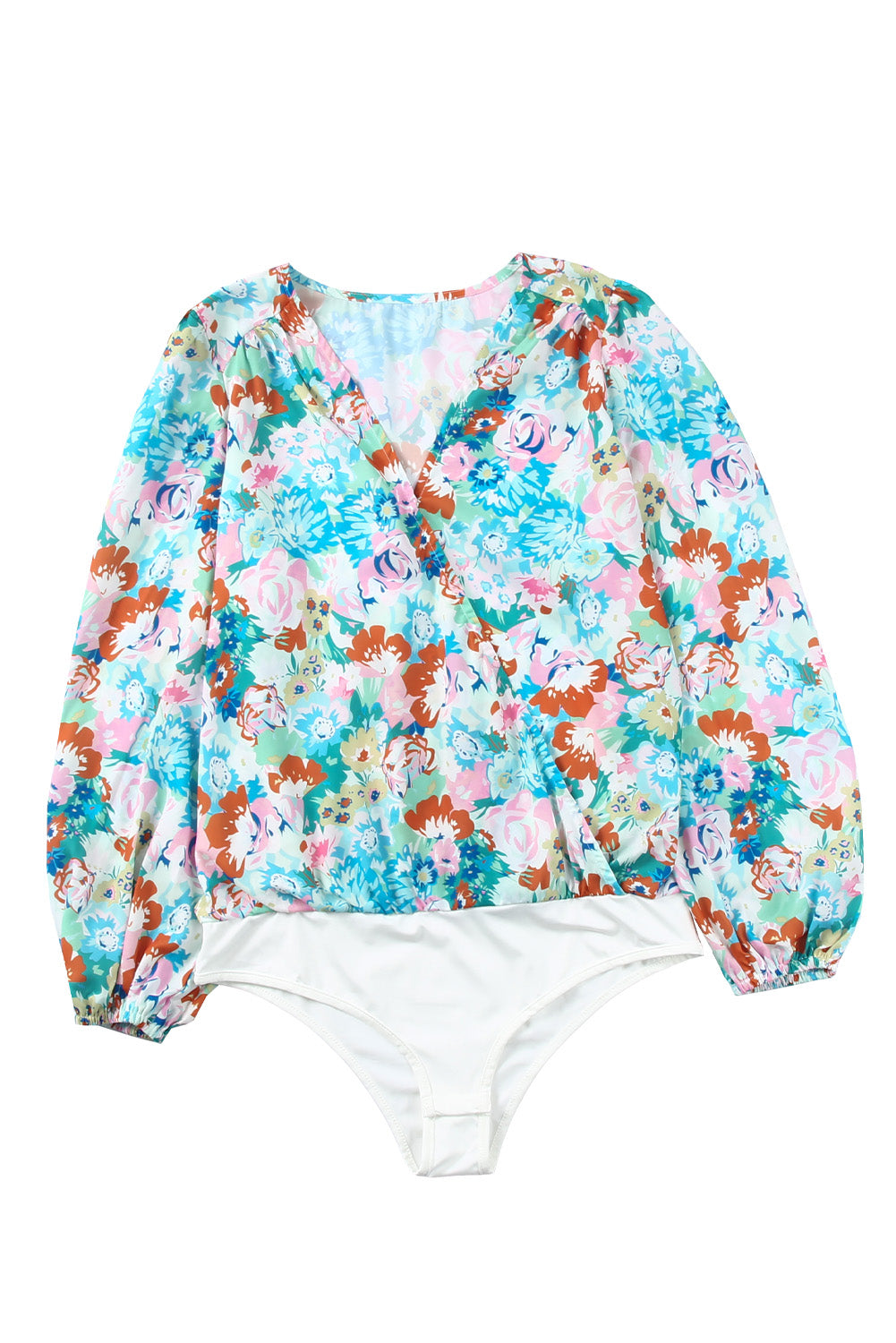 Sky Blue Floral Print Wrap Long Sleeve Bodysuit