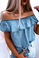 Sky Blue Off-The-Shoulder Ruffled Denim Top